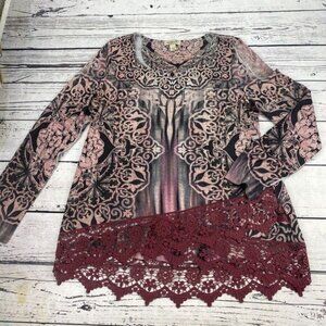 One World Shirt Womens Small‎ Medallions Pink Black Lace Hem Peasant Boho Top